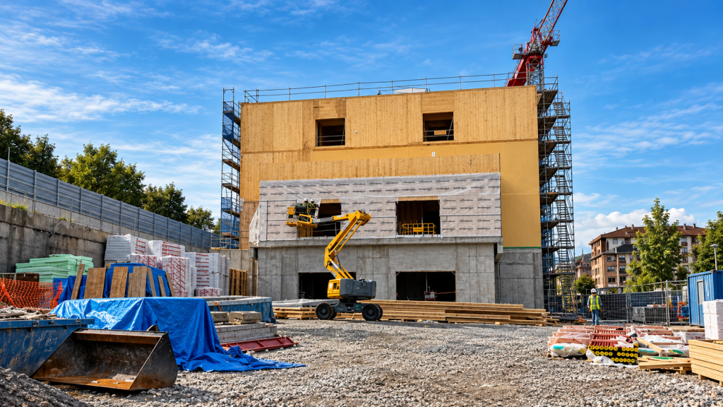 Obra de construcción de un edificio con fachada de madera, plataforma elevadora amarilla, andamios y grúa bajo un cielo azul.